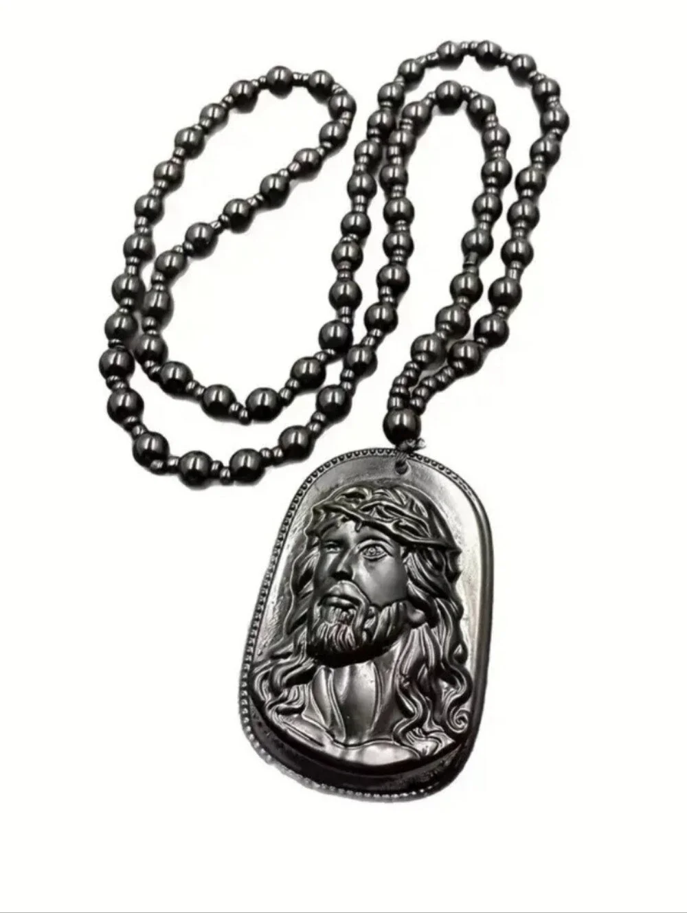 Black Jesus Pendant Beaded Resin Necklace